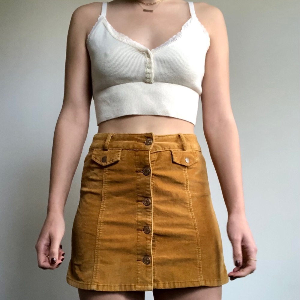 UO MUSTARD CORDUROY BUTTON DOWN MINI SKIRT